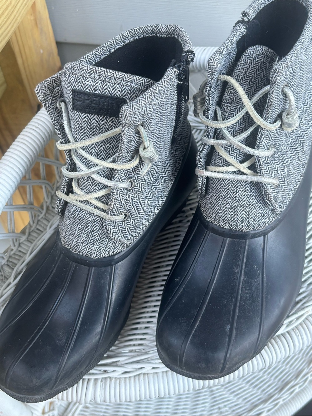 Sperry Black Rubber & Gray Herringbone Duck Boots